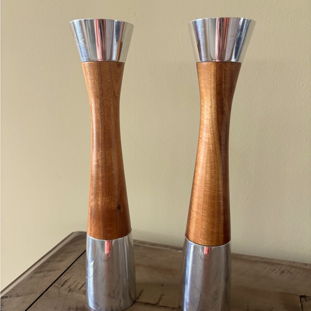 RARE! Nambe mid-century modern wood and metal candlesticks.